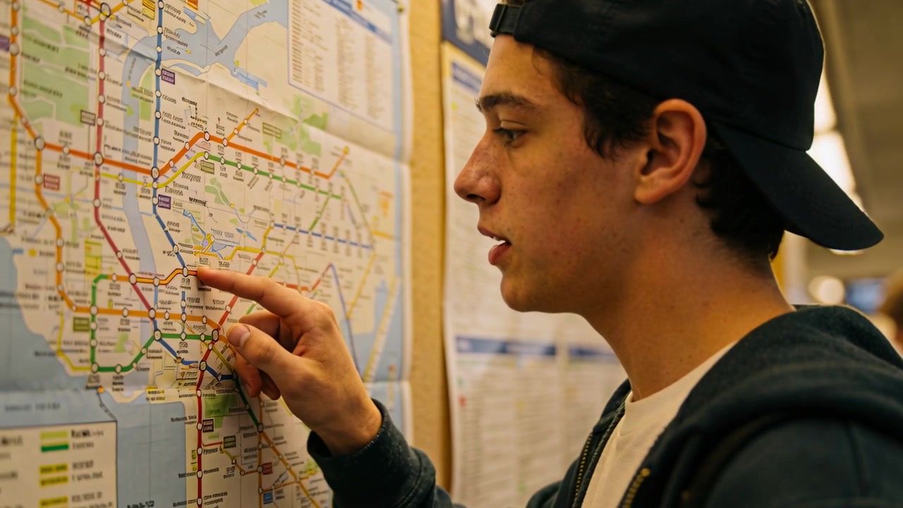 Arriving teen tracing transit map at station with finger in cap hoodie choosing route, copy space