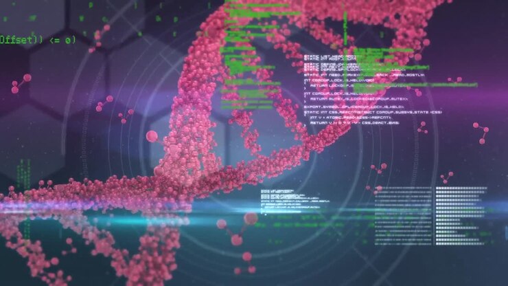 Animation of data processing over dna and chemical structures against purple background