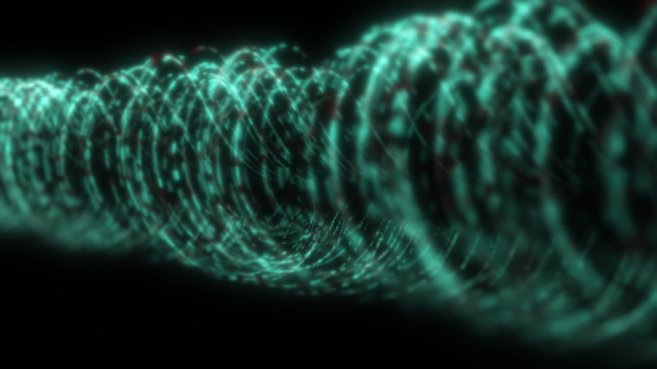 Particelle verdi di flusso di dati che creano forme cilindriche luminose. Visualizzazione di tecnologia digitale dell'informazione per presentazioni aziendali e video su IA, computing