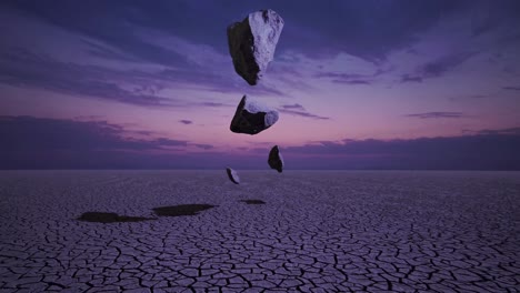 floating stones in a dried desert landscape at sunset