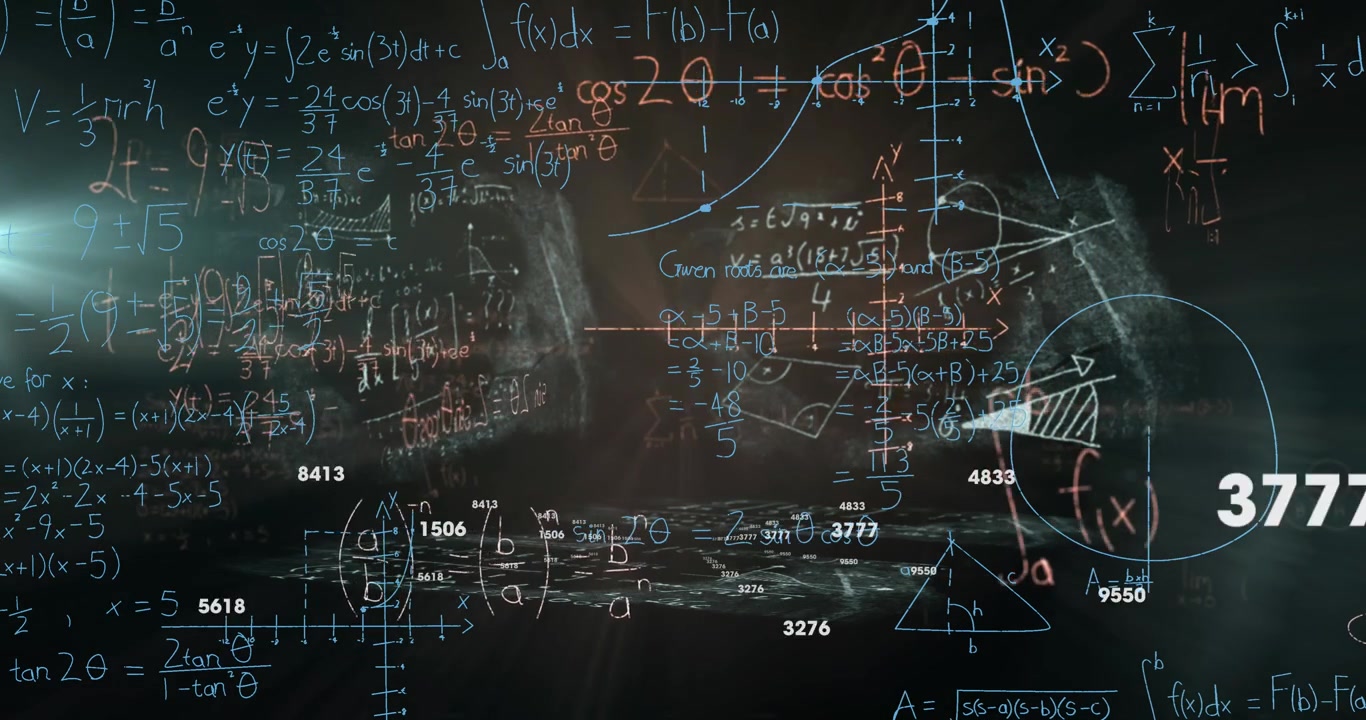 Complex Mathematical Equations and Geometric Formulas Floating in Digital Space