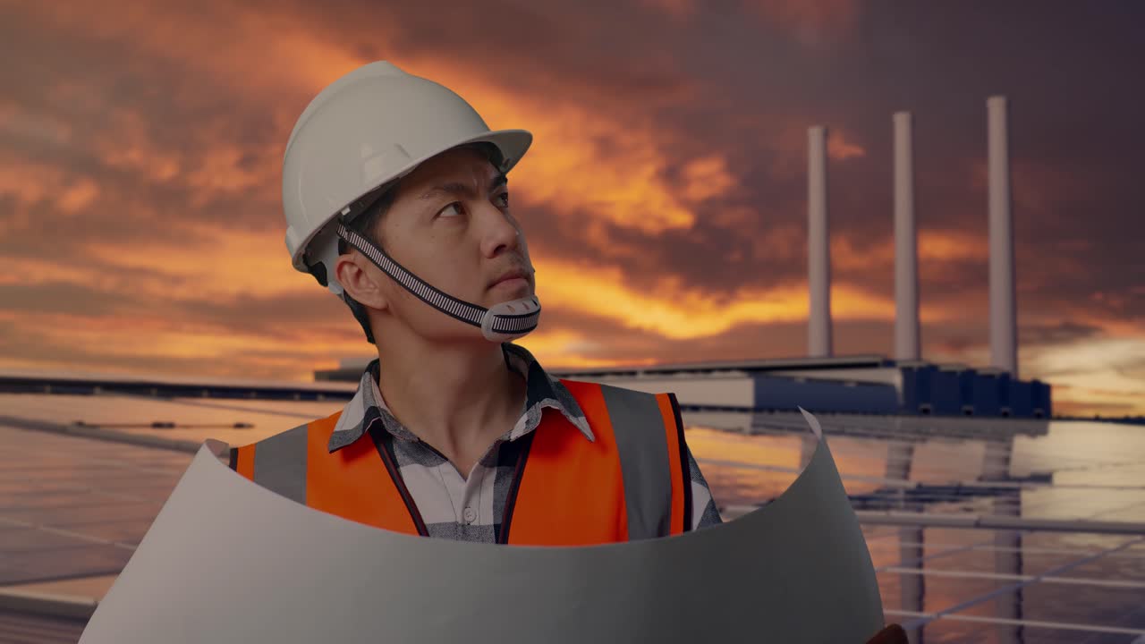 Close Up Of Asian Male Engineer With Safety Helmet Looking At Blueprint In His Hands And Looking Around While Standing, Inspecting Solar Panels on Rooftop at Sunset