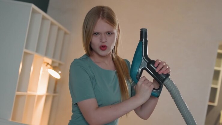 Donna caucasica che punta il tubo dell'aspirapolvere come un oggetto di scena, espressione energica e giocosa, scaffalature del salotto e lampada calda, azione finta e posa drammatica, scena di pulizia in gioco di ruolo, umorismo domestico audace, dinamica.