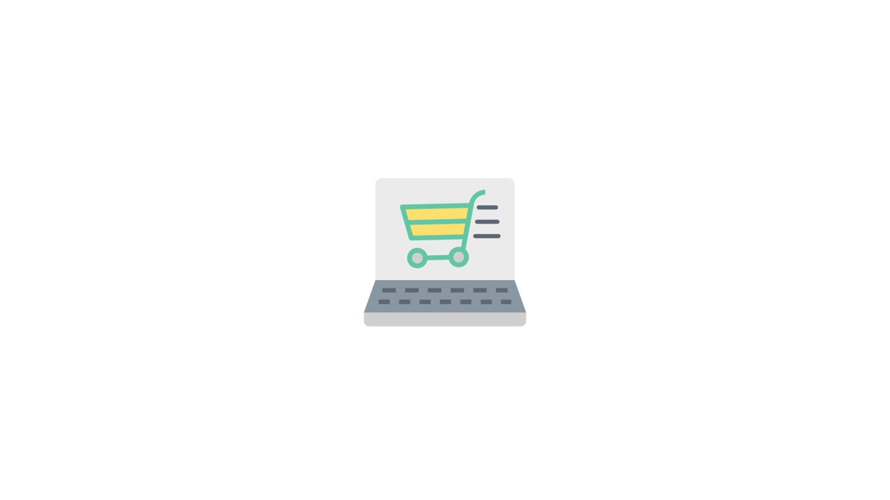 Animazione di carrello acquisti online su schermo di laptop