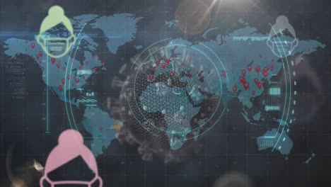 animation of icons with face masks over world map on digital screen