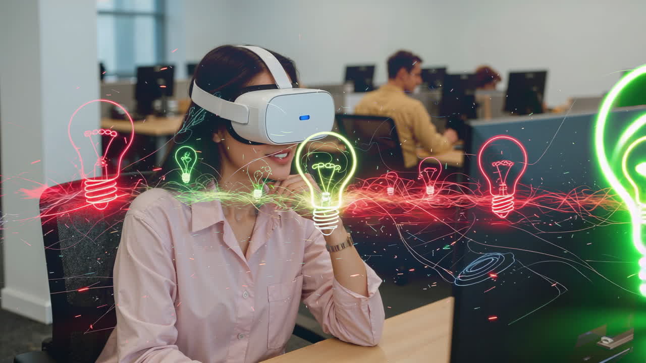 Woman Wearing VR Headset Brainstorming Ideas in an Office