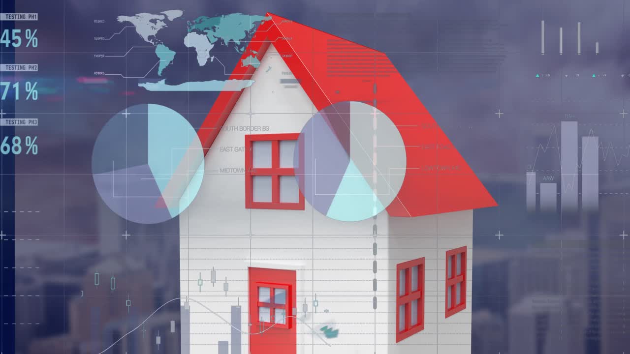 높은 건물의 공중 전망에 대한 집 아이콘 위의 통계 데이터 처리 애니메이션