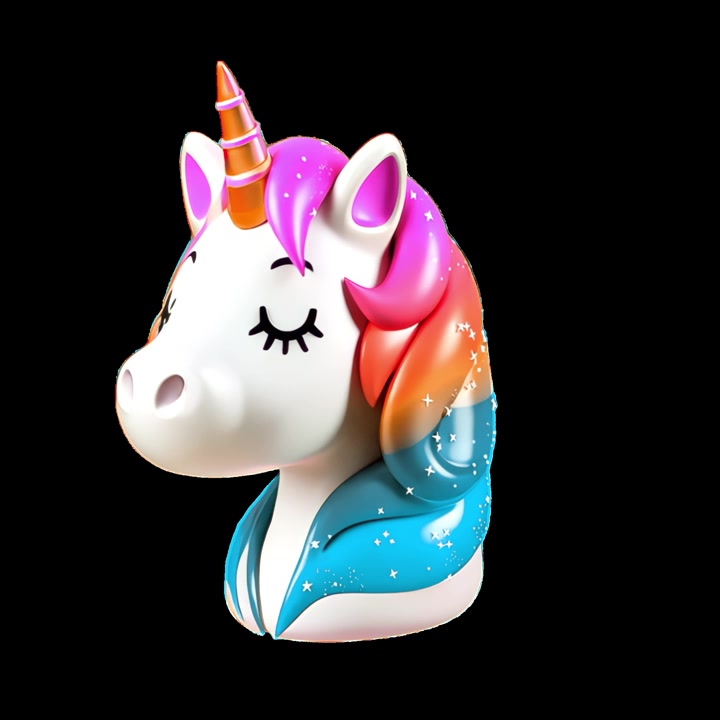 3D Animated Unicorn Head with Rainbow Mane on Black Background