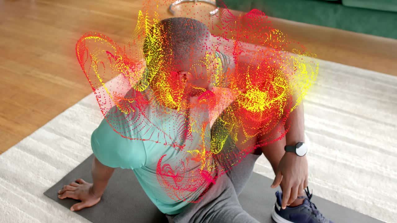 Man pedaling, starting workout, building core, twisting seated rest, particles around torso, phone