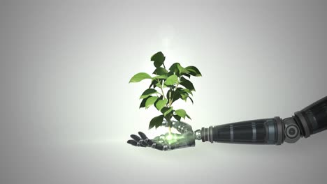 Robotic-hand-presenting-digital-green-plant-growing-against-white-background