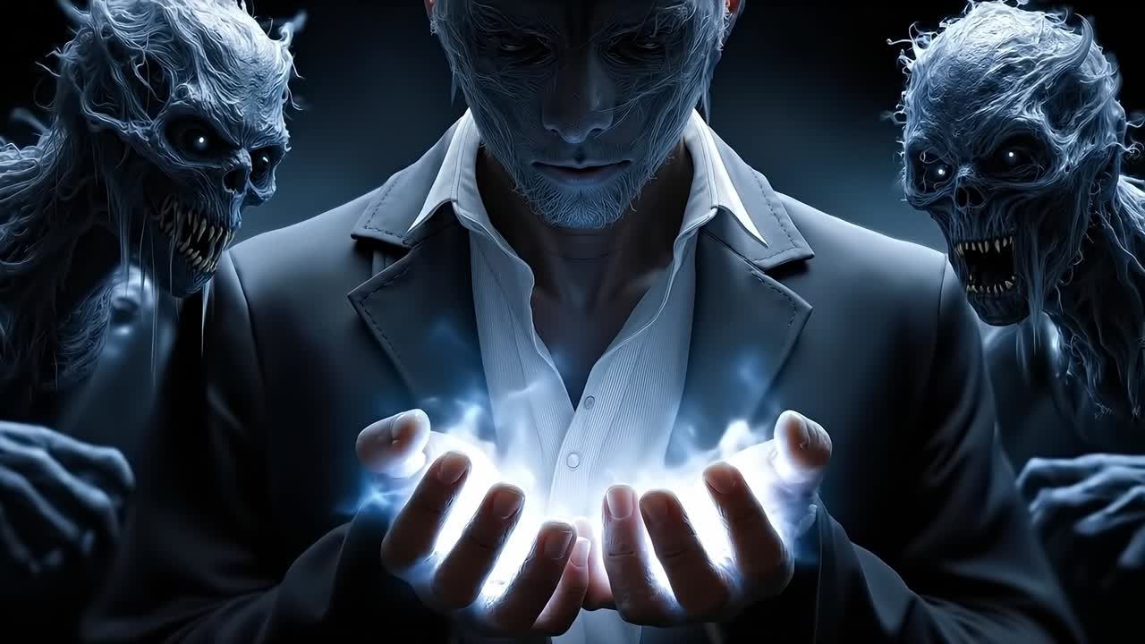 A man in a suit holding a glowing orb in his hands