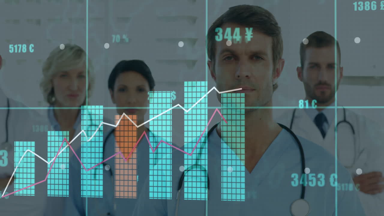 Analyzing data charts and graphs, healthcare professionals collaborating in hospital