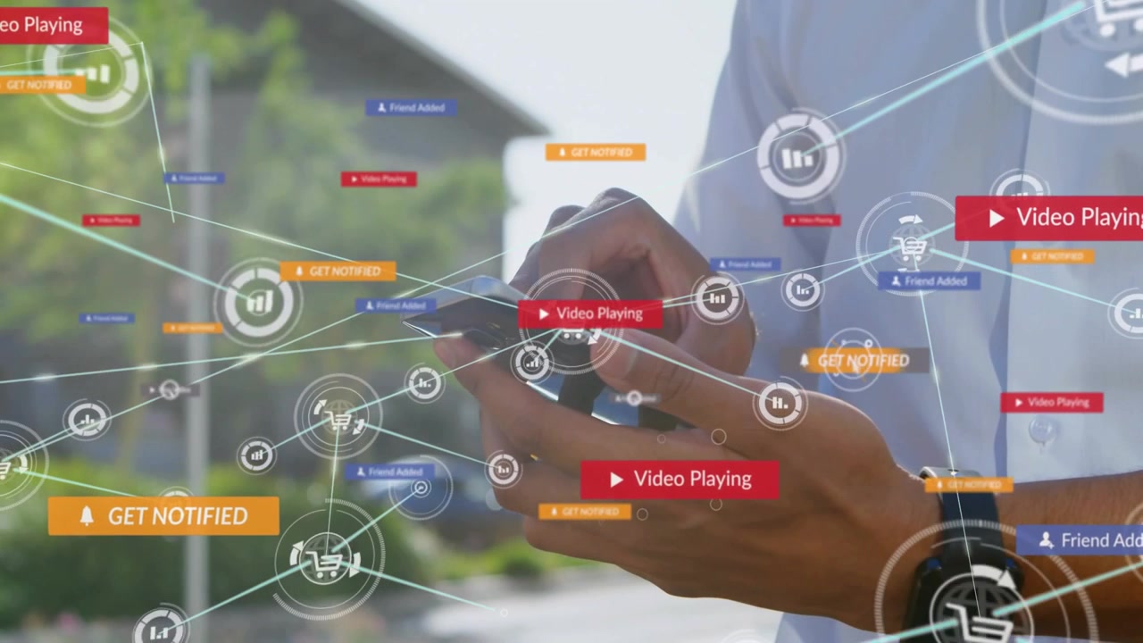 Adult male tapping phone outdoors creating HUD web, highlighting carts, data, alerts for marketing