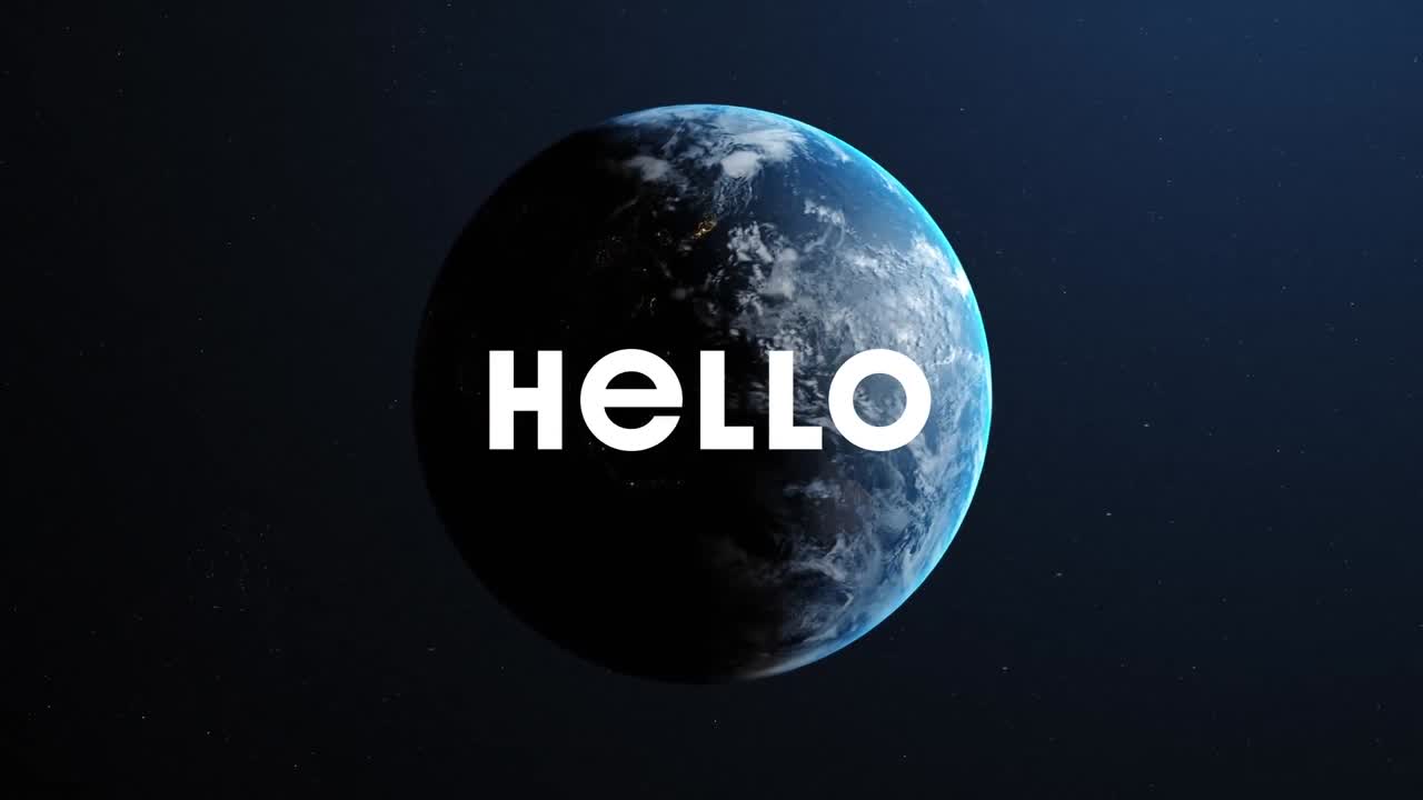 Animation of hello text over globe on dark background