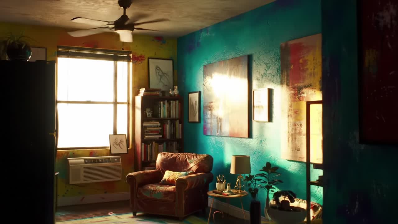 Vibrant Living Room with Sunlight Streaming Through a Window, Showcasing Colorful Walls, Cozy Furniture, and Artistic Decor in a Warm, Inviting Atmosphere