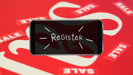 animation of word register flickering on screen of a smartphone on red background with sale signs