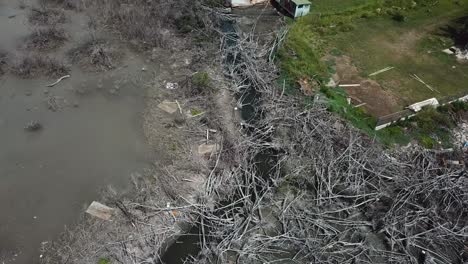 broken woods in coastal neighborhood of san juan, consequences of hurricane maria disaster, birdseye aerial view