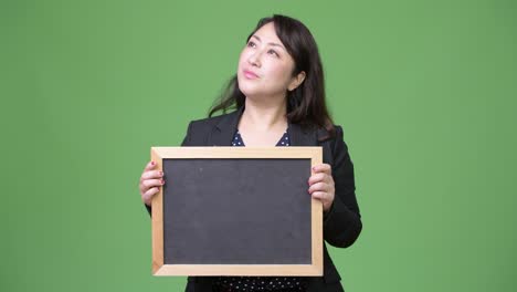 성숙한 아름다운 아시아 사업가 여성은 블랙보드 보여주는 동안 생각