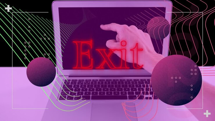 Animation of exit text in red neon, spheres and parallel lines over hand pointing to laptop screen