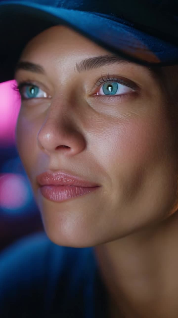Captivating Close-Up of a Young Woman with Striking Green Eyes and a Hat, Highlighting Her Natural Beauty and Expressive Features Against a Colorful Background