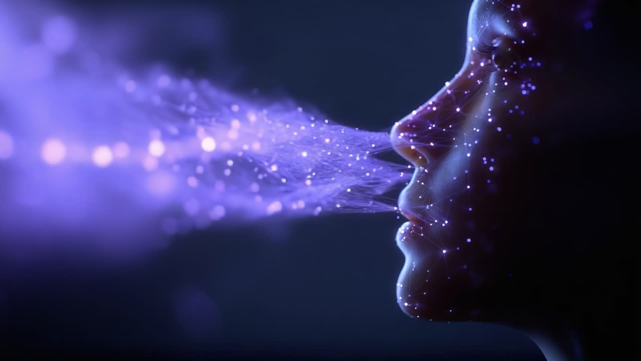 A surreal visual representation of a female face emanating vibrant particles, creating an ethereal atmosphere that blends art and technology into a mesmerizing display