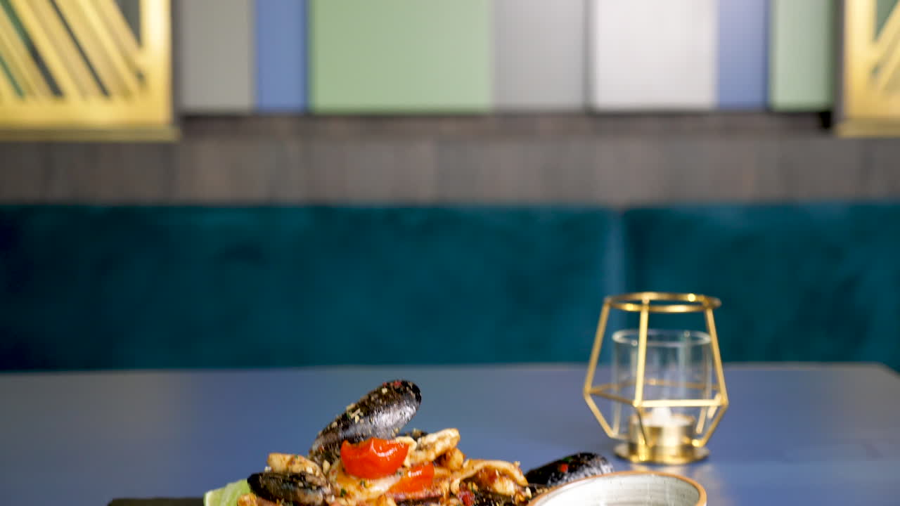 Delicious Seafood Dish with Mussels, Squid, and Tomatoes