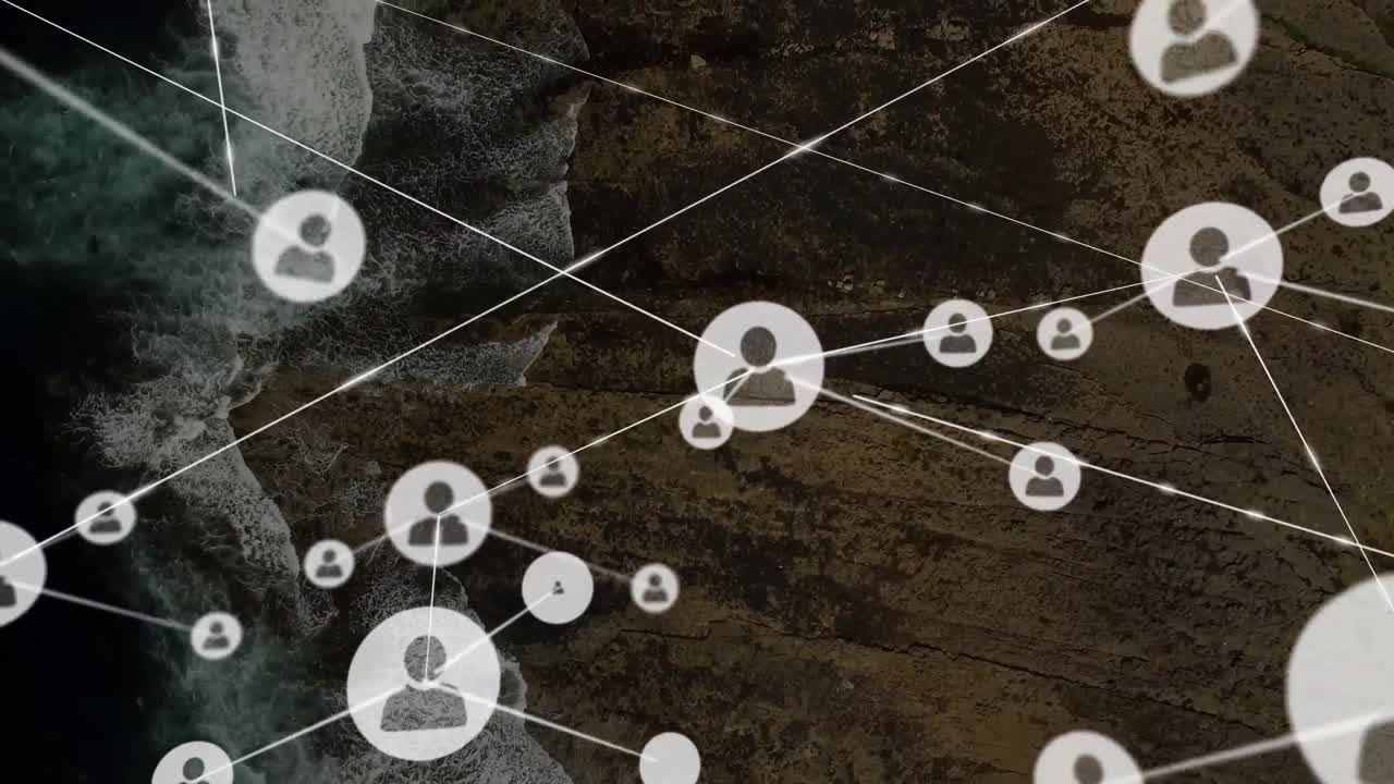 animación de la red de conexiones con iconos sobre la vista del mar