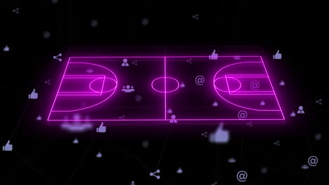 animación de cancha de baloncesto iluminada y conectada como, personas, compartir el icono sobre fondo negro