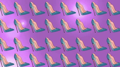 animation of blue high heeled shoes repeated and moving on purple background