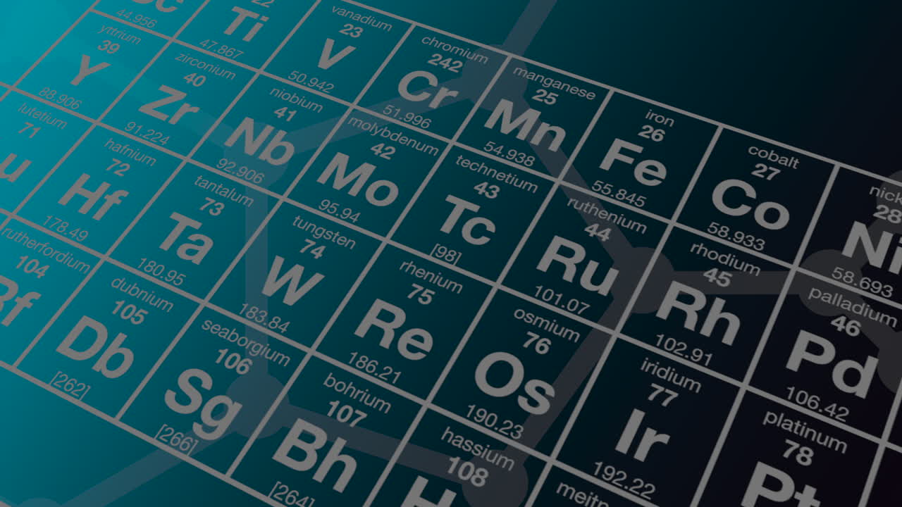 Animated atomic numbers on scientific periodic table display overlay