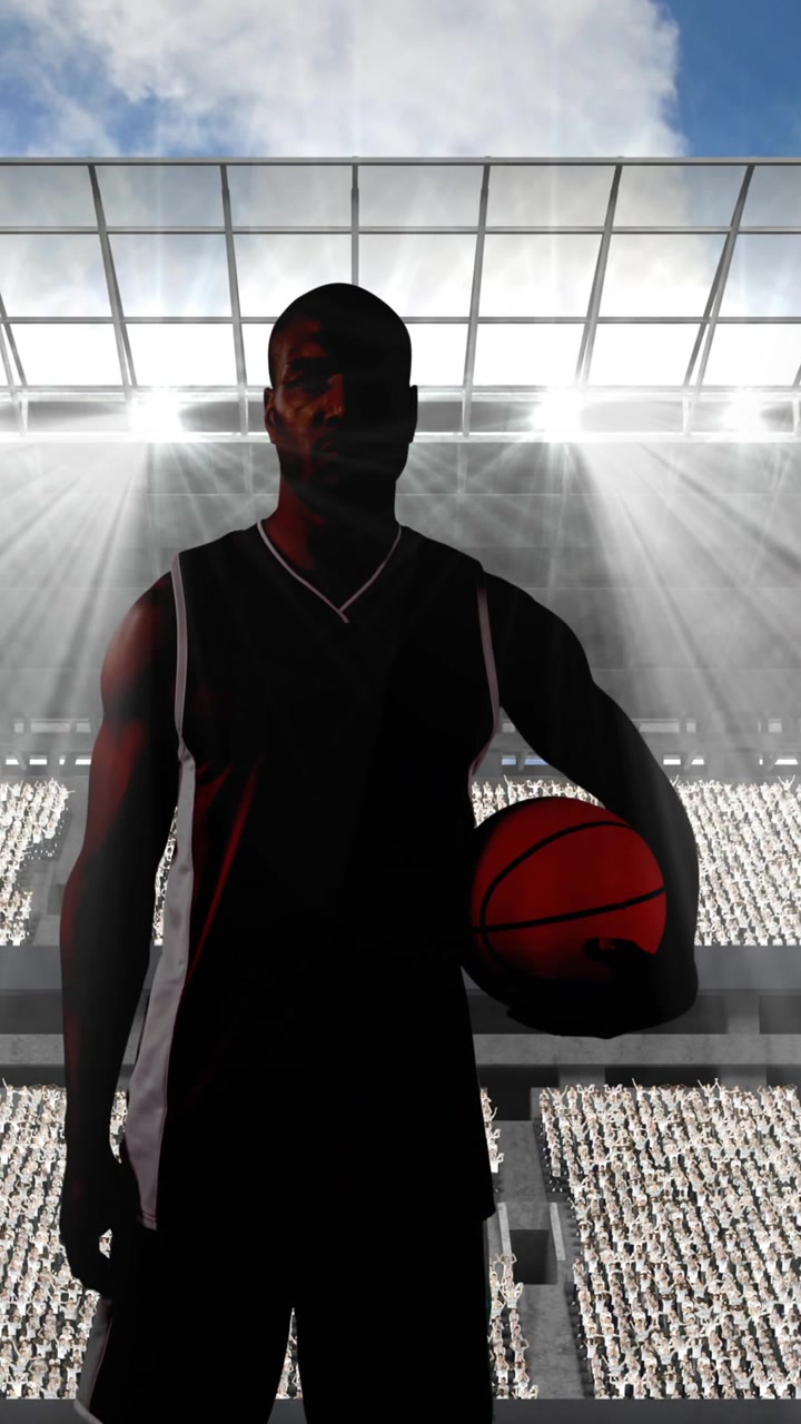 Animazione di un giocatore di basket che tiene la palla su uno stadio sportivo