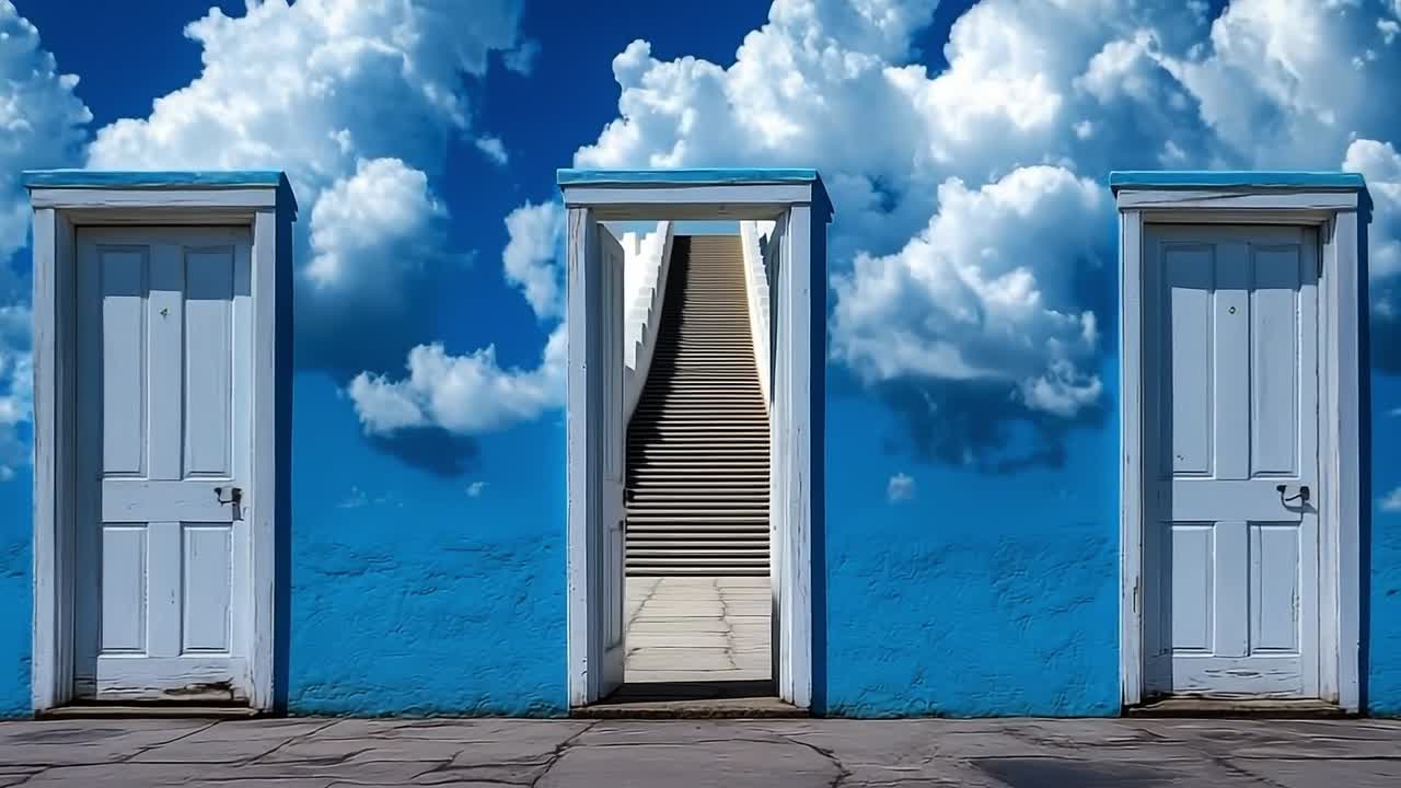 Staircase leading to a blue sky backdrop. A striking view of a staircase ascending towards a vibrant blue sky filled with fluffy clouds, framed by white doorways.