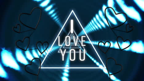 animation of i love you text with hearts over neon shapes and tunnel on black background