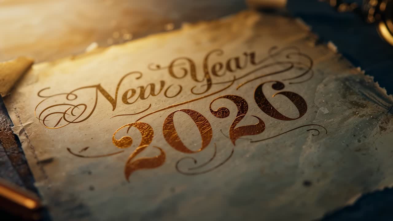 Lento movimento di carrello della telecamera che rivela una pergamena antica su una scrivania, una spazzata di luce fa brillare una lamina metallica con la scritta Capodanno 2026