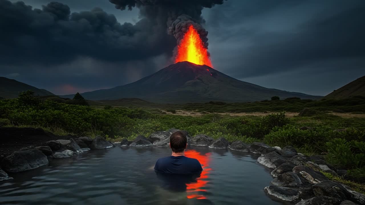 A Breathtaking Perspective on Nature's Fury: A Person Enjoys a Thermal Spring as a Volcano Erupts Dramatically in the Background Under a Majestic Twilight Sky