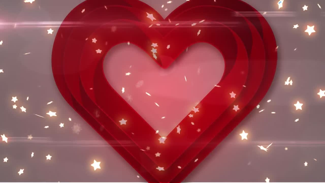 빛나는 별들이 박동하는  ⁇ 은 심장과 분홍색 빛 위에 떨어지는 애니메이션