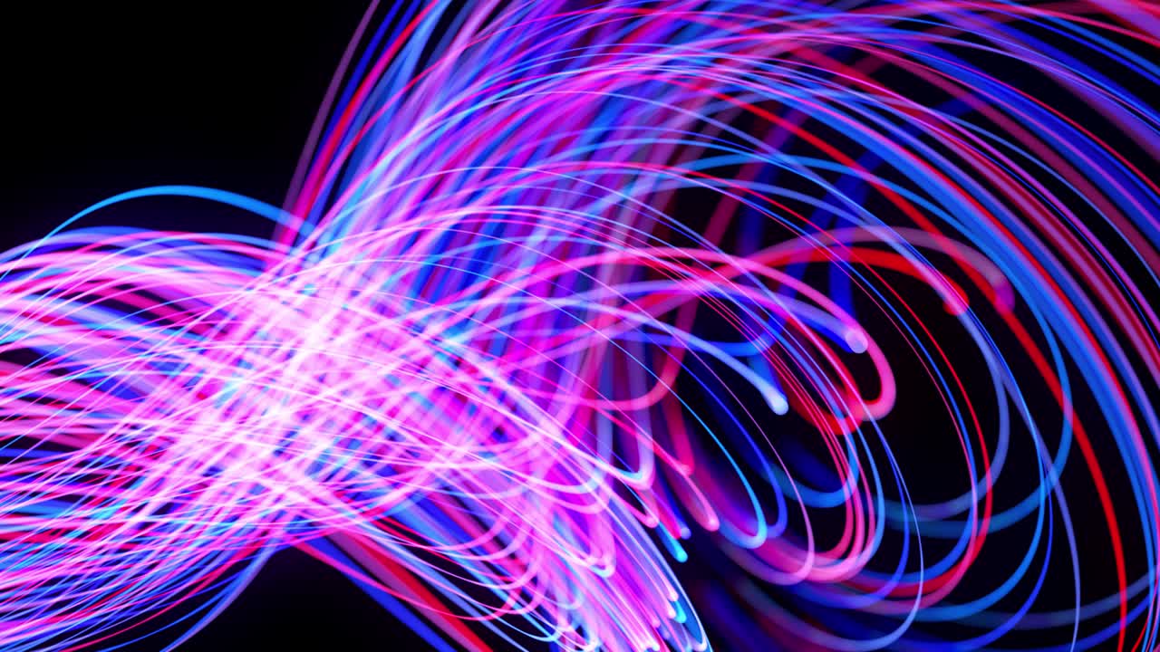Light flow bg in 4k. Abstract looped background with light trails, stream of red blue neon lines in space move to form looped spiral shapes. Modern trendy motion design background. Light effect,