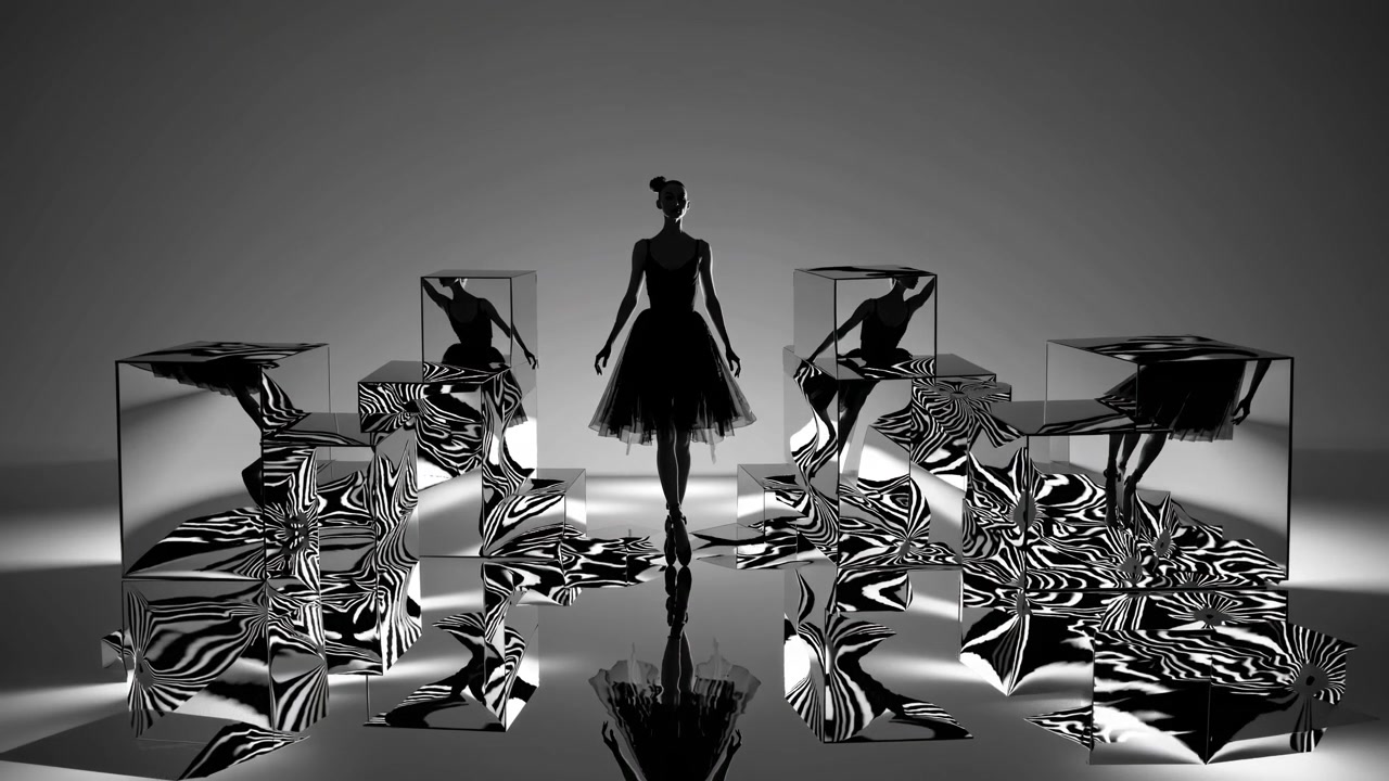Ballerina der står blandt abstrakte reflekterende terninger i et studie