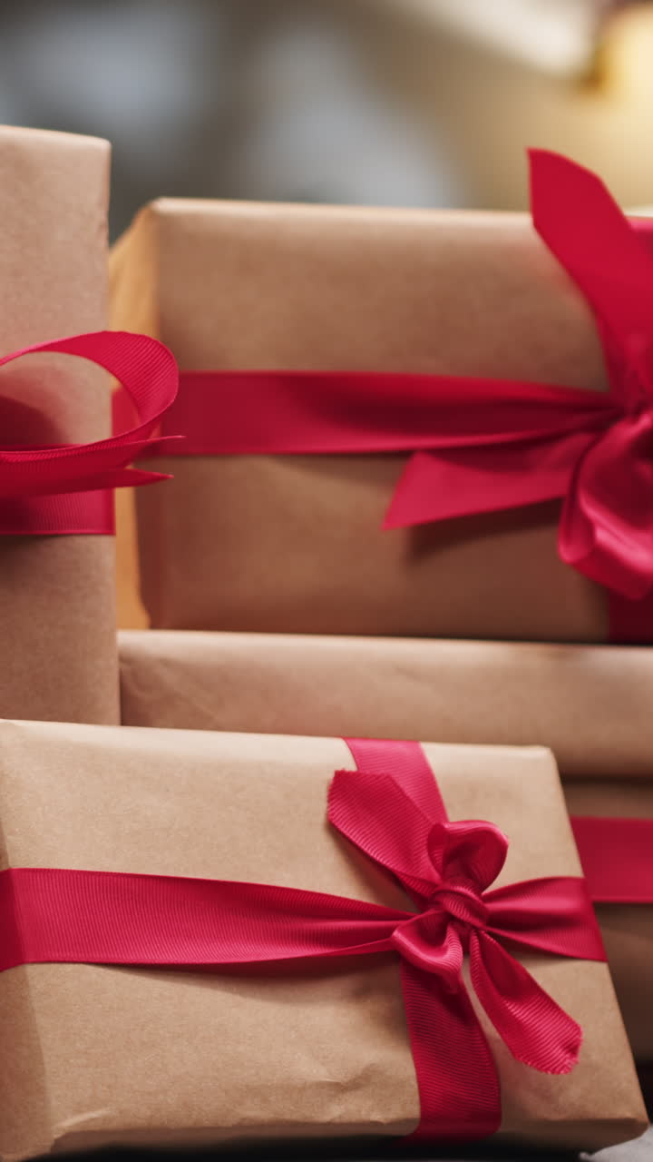 Wrapped gifts with red ribbon
