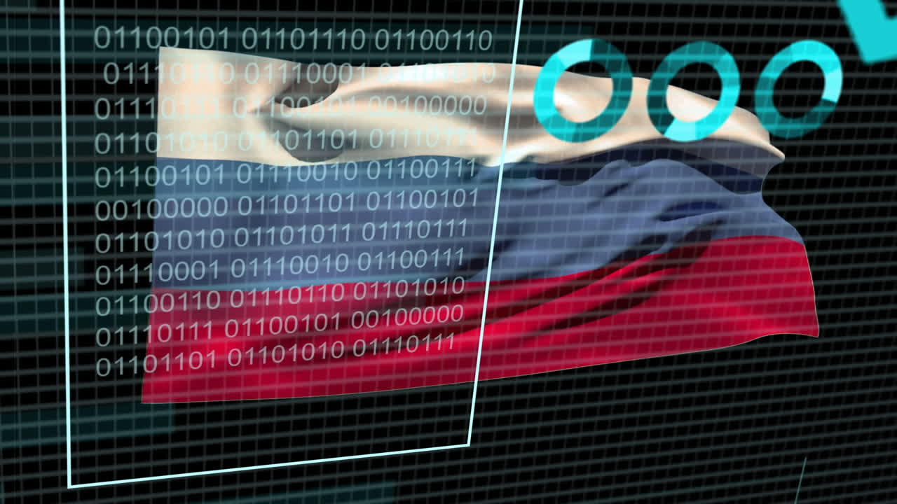 그래프의 애니메이션, 변하는 숫자 및 검은 바탕에 러시아의 발을 흔들고