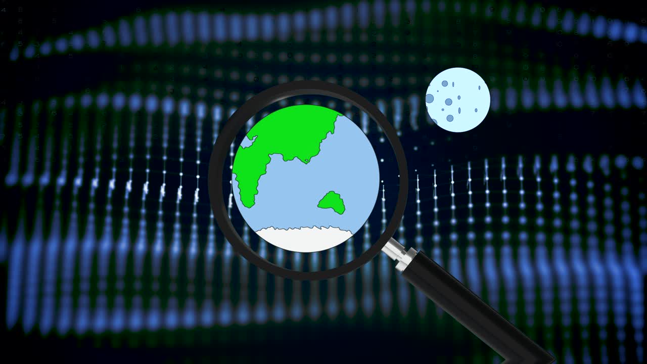 estudio del planeta con lupa aislado sobre un fondo de neón ondulado oscuro.
