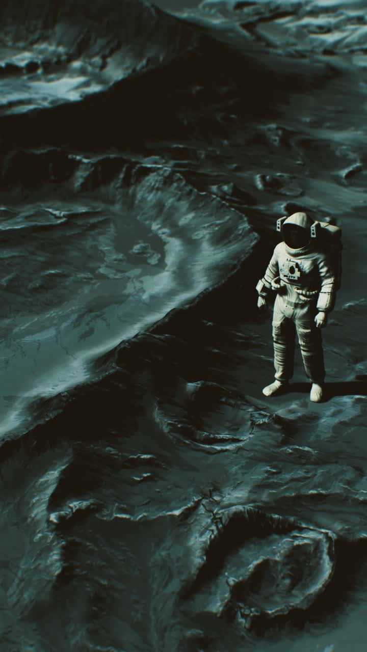 Astronaut exploring the rugged surface of the moon on a clear night