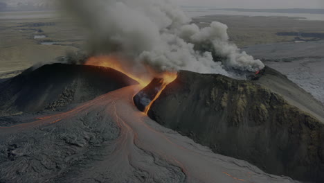 volcanic eruption with flowing lava and smoke plume