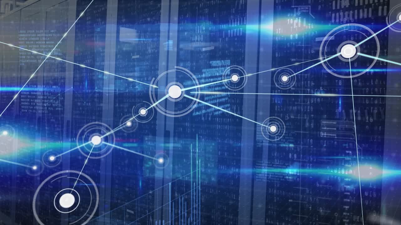 Animation of network of connection with people icons and computer servers over computer servers