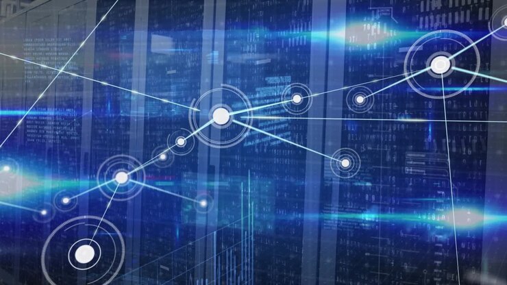 Animation of network of connection with people icons and computer servers over computer servers