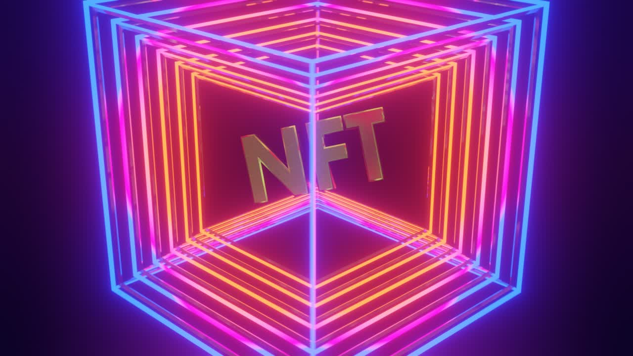 Concetto di NFT (token non fungibile). Loop continuo. Rendering 3D