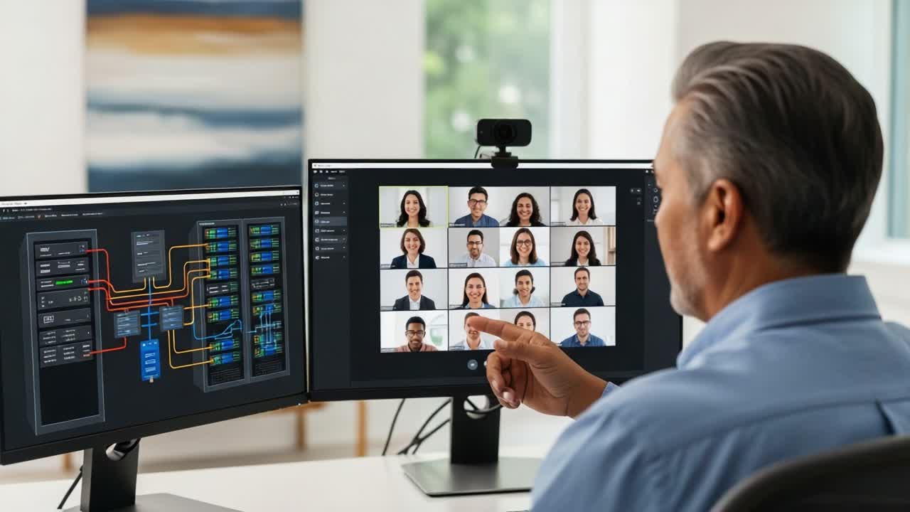 A professional man engages in a video conferencing session, analyzing multiple participant profiles displayed on dual monitors while utilizing advanced software for interaction and data management