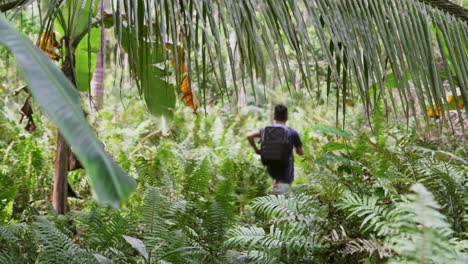 man with backpack running through wilderness at daytime