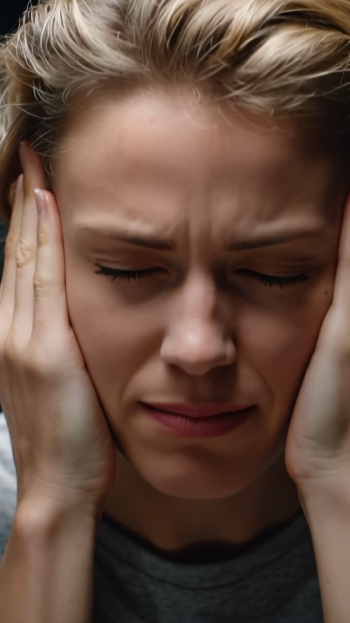 Mulher fecha os olhos, segurando a cabeça em aflição. Seu rosto mostra profunda frustração ou dor. Ela veste uma camiseta cinza simples, com fundo desfocado. Este momento captura tensão emocional e turbulência interna.