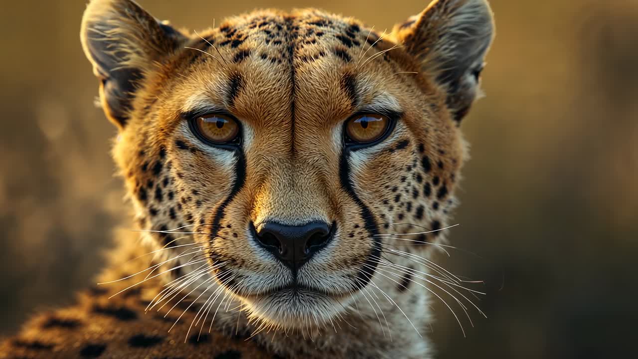 Camera drawing cheetah locking gaze in savannah light, blinking and twitching whiskers